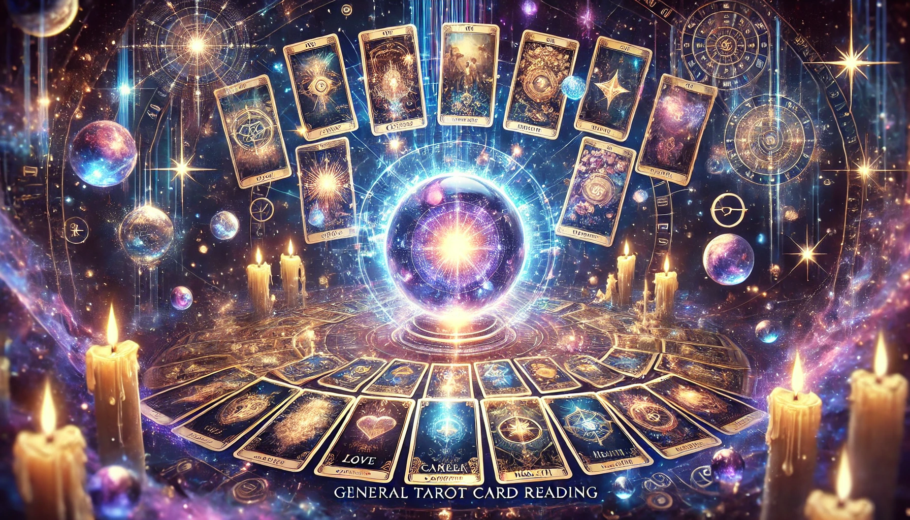 Explore the mysteries of life with a General Tarot Card Reading. Gain insights into love, career, health, and spiritual growth through a mystical tarot deck surrounded by cosmic energy and celestial wisdom.